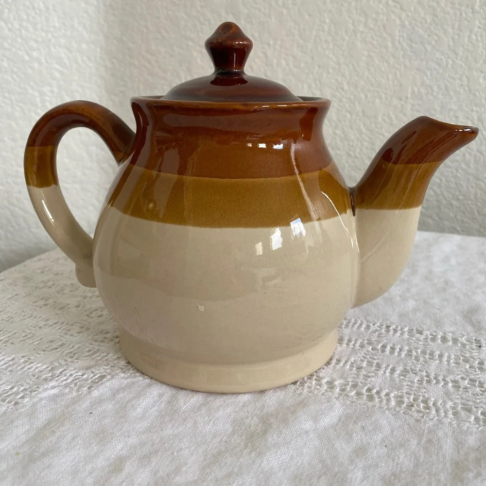 Vintage Brown and Cream Ceramic Teapot w/ Lid